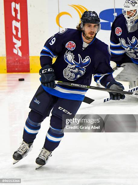 Nicolas Petan of the Manitoba Moose skates in warmup prior to a game against the Toronto Marlies on December 17, 2017 at Ricoh Coliseum in Toronto,...