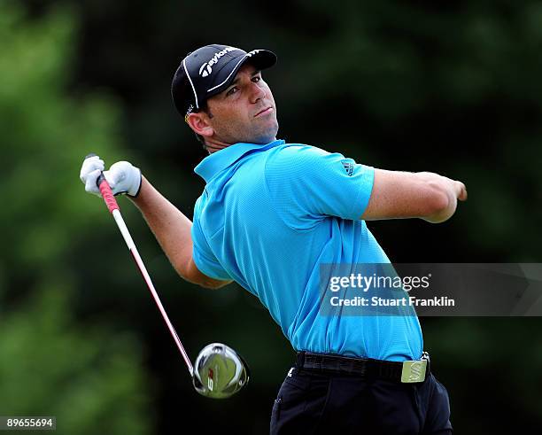 Sergio Garcia of Spain reacts to his tee shot on the eighth hole during the second round of the World Golf Championship Bridgestone Invitational on...