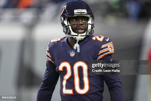 Prince Amukamara of the Chicago Bears warms up prior to the start of the game against the Detroit Lions at Ford Field on December 16, 2017 in...