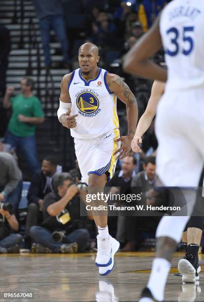 David West of the Golden State Warriors reacts after not getting a foul call against the Portland Trail Blazers during an NBA basketball game at...