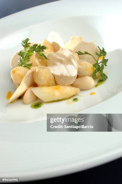Menu cooked by Ferran Adria, Juan Maria Arzak y Paco Roncero that will be served on the Gala dinner in El Pardo Palace In this picture: Leaf bud of...