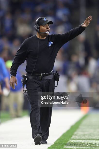 Detroit Lions head football coach Jim Caldwell watches the action late in the fourth quarter of the game against the Chicago Bears at Ford Field on...