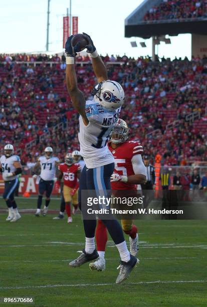 Rishard Matthews of the Tennessee Titans catches a 25-yard pass against the San Francisco 49ers during their NFL football game at Levi's Stadium on...