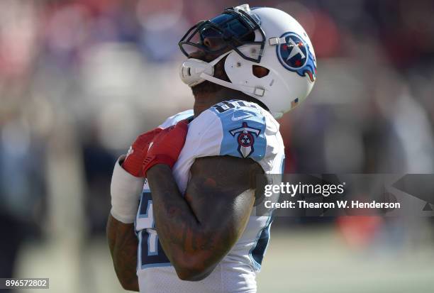 Delanie Walker of the Tennessee Titans looks on during pregame warm ups prior to the start of an NFL football game against the San Francisco 49ers at...
