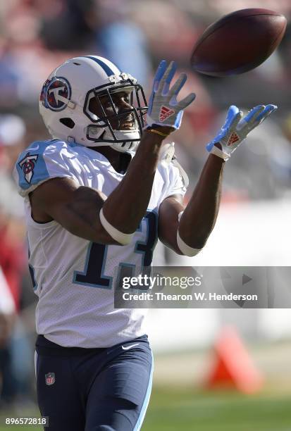 Taywan Taylor of the Tennessee Titans warms up during pregame warm ups prior to the start of an NFL football game against the San Francisco 49ers at...