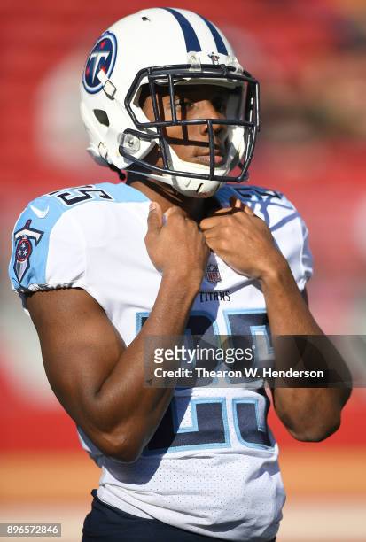 Adoree' Jackson of the Tennessee Titans looks on during pregame warm ups prior to the start of an NFL football game against the San Francisco 49ers...