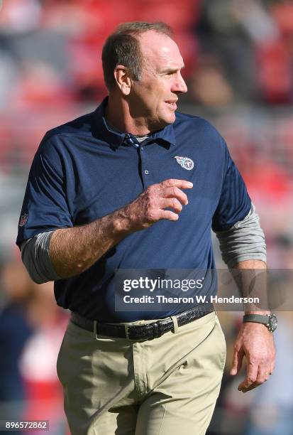 Head coach Mike Mularkey of the Tennessee Titans looks on while his team warms up prior to the start of an NFL football game against the San...