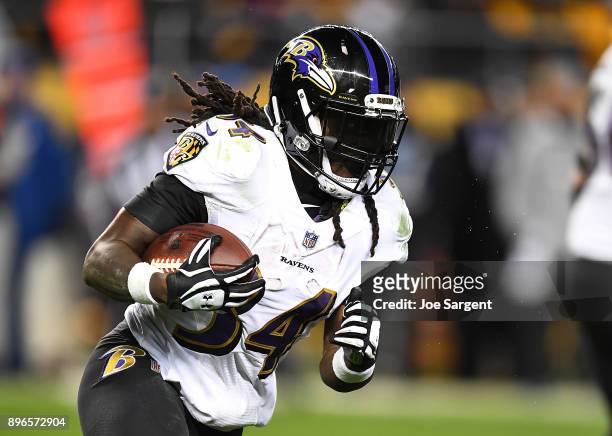 Alex Collins of the Baltimore Ravens in action during the game against the Pittsburgh Steelers at Heinz Field on December 10, 2017 in Pittsburgh,...