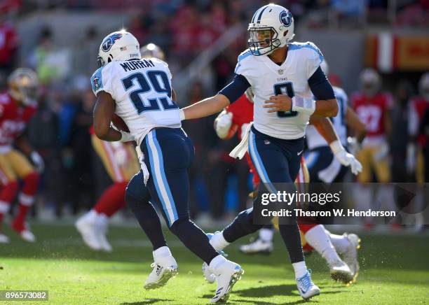 DeMarco Murray of the Tennessee Titans takes the handoff from quarterback Marcus Mariota against the San Francisco 49ers during their NFL football...