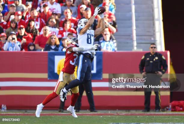 Eric Decker of the Tennessee Titans catches a pass in front of Dontae Johnson of the San Francisco 49ers during their NFL football game at Levi's...