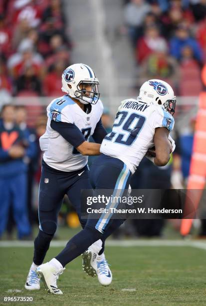 DeMarco Murray of the Tennessee Titans takes the handoff from quarterback Marcus Mariota against the San Francisco 49ers during their NFL football...