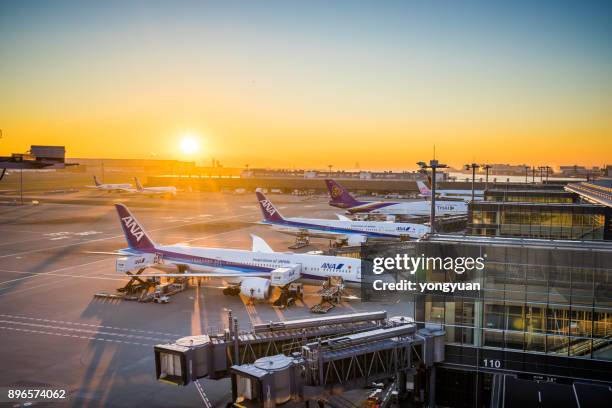 haneda airport in de ochtend - tokyo international airport stockfoto's en -beelden