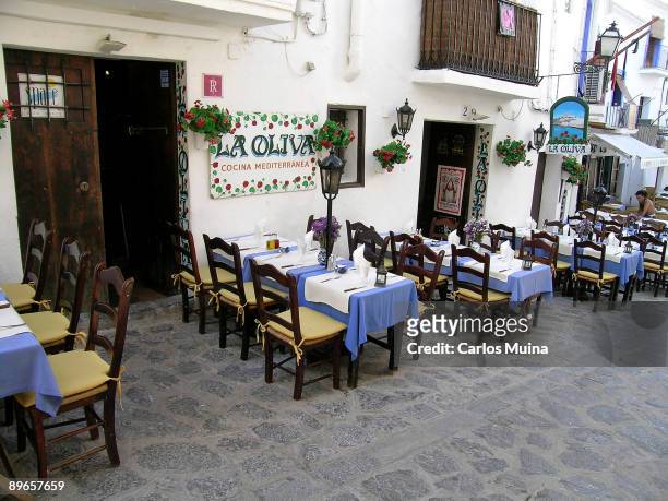 Balearics Islands, Spain. Ibiza Island . Dalt Vila: Typical sidewalk restaurant.