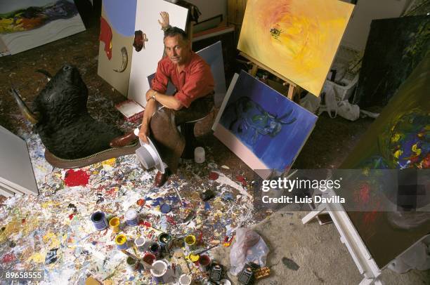 Sebastian Palomo Linares in his studio The bullfighter with some of his paintings