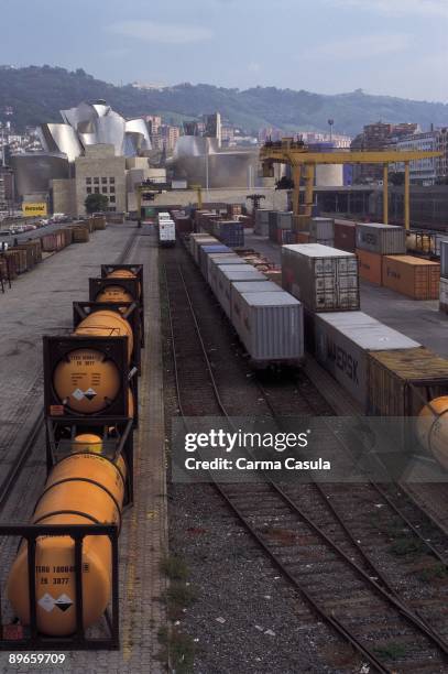 Boxcar of goods in the railway station of Bilbao, View of boxcar of goods in the station of Bilbao, to the bottom, it is the Guggenheim Museum