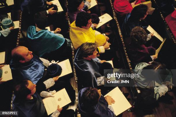 Queen Elizabeth II in official Visit to the Complutense University of Madrid Teachers in the auditorium during the official visit of Queen Elizabeth...