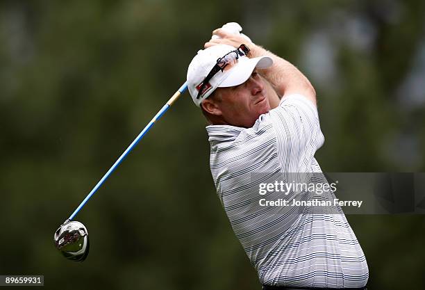 John Rollins tees off on the 17th hole during the second round of the Legends Reno-Tahoe Open on August 7, 2009 at Montreux Golf and Country Club in...