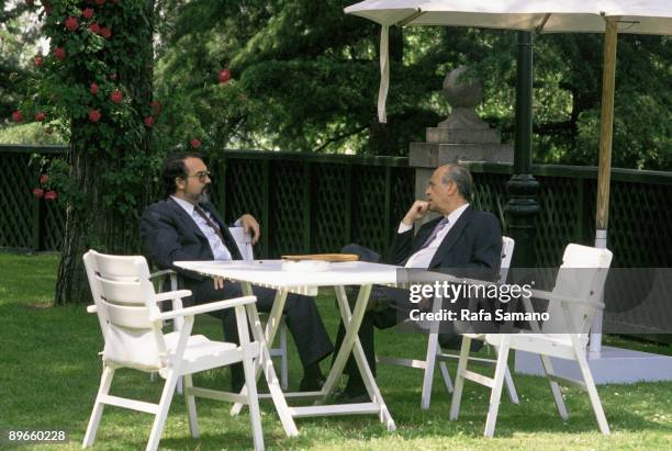 Francisco Fernandez Ordonez and Pedro Solbes in the gardens of La Moncloa Palace