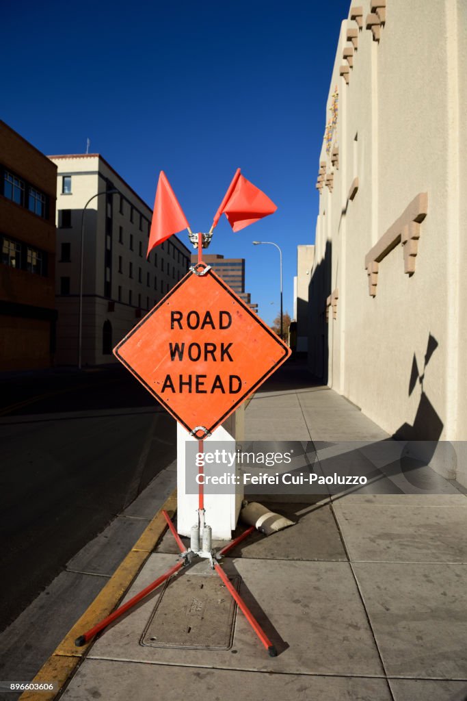Road work ahead sign at Albuquerque, New Mexico, USA