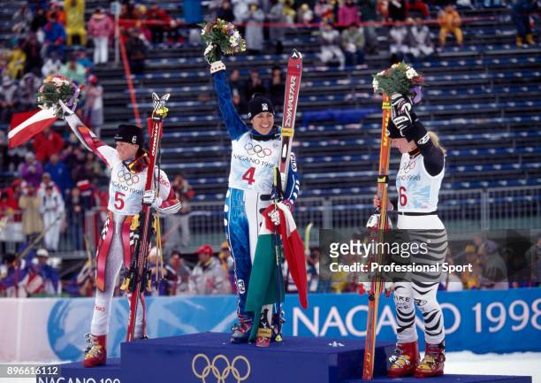 Medal winners in the Women's Giant Slalom event Alexandra Meissnitzer of Austria , Deborah Compagnoni of Italy and Katja Seizinger of Germany...