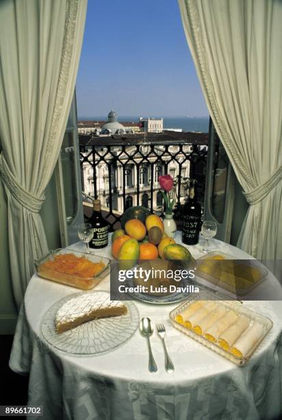 Table of Tajide restaurant Table with desserts and liquors of the Tejide restaurant with a view to the city of Lisbon