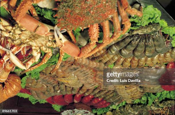 Seafood Detail of a shellfish tray with: spider crabs, prawns, customs officers, shrimps, lobsters, elvers and oysters