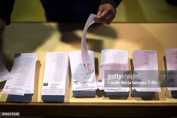Man takes his ballot at a polling station on December 21, 2017 in Barcelona, Spain. Catalan voters are heading to the polls today to elect a new...