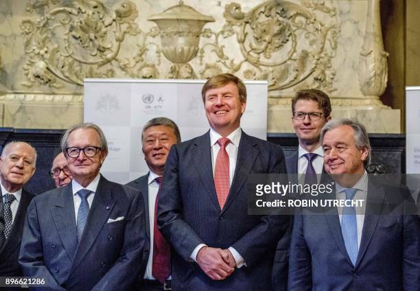 Dutch King Willem-Alexander and Secretary-General of the United Nations Antonio Guterre attend the closing ceremony of the International Criminal...
