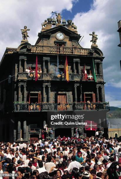 San Fermines festivity, Pamplona View of the square of the city council full of people during the festivity San Fermin