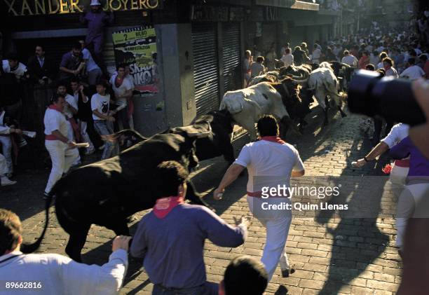 San Fermin festivity, Pamplona Men in the bulls run during the festivity of San Femin.