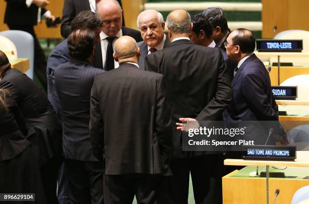 Ambassador Riyad Mansour, Permanent Observer Mission of Palestine to the United Nations, walks the floor of the General Assembly on December 21, 2017...