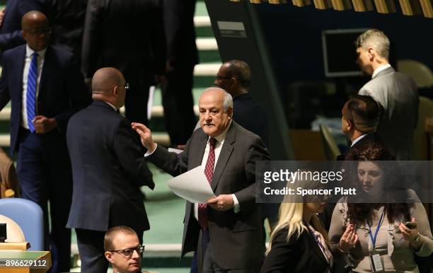 Ambassador Riyad Mansour, Permanent Observer Mission of Palestine to the United Nations, walks the floor of the General Assembly on December 21, 2017...