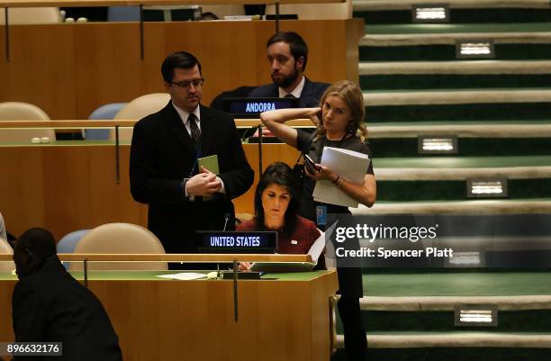 Nikki Haley, United States Ambassador to the United Nations, waits ro speak on the floor of the General Assembly on December 21, 2017 in New York...