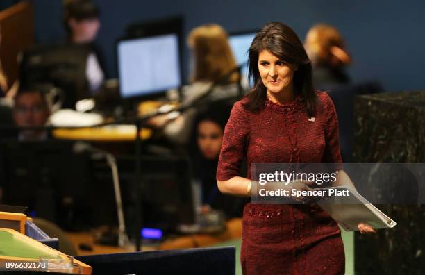 Nikki Haley, United States Ambassador to the United Nations, prepares to speak on the floor of the General Assembly on December 21, 2017 in New York...