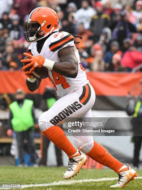 Running back Isaiah Crowell of the Cleveland Browns carries the ball in the second quarter of a game on December 17, 2017 against the Baltimore...