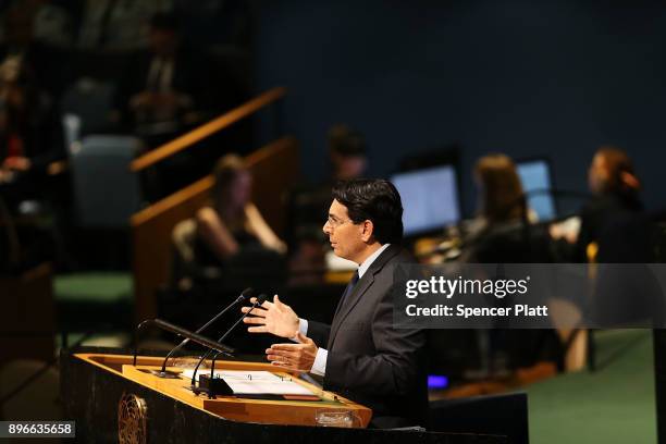 Danny Danon, Permanent Representative of Israel to the United Nations, speaks on the floor of the General Assembly on December 21, 2017 in New York...