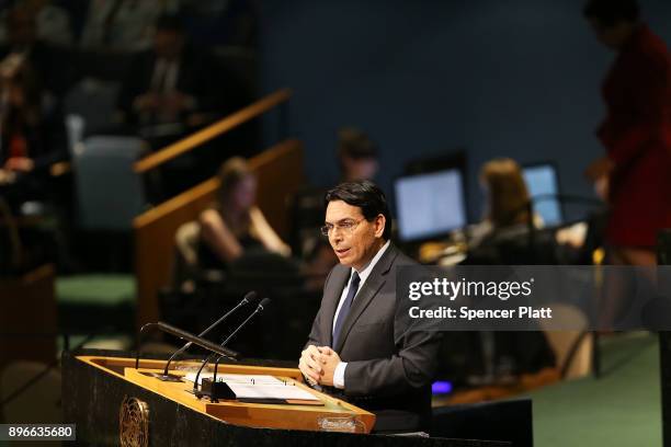 Danny Danon, Permanent Representative of Israel to the United Nations, speaks on the floor of the General Assembly on December 21, 2017 in New York...