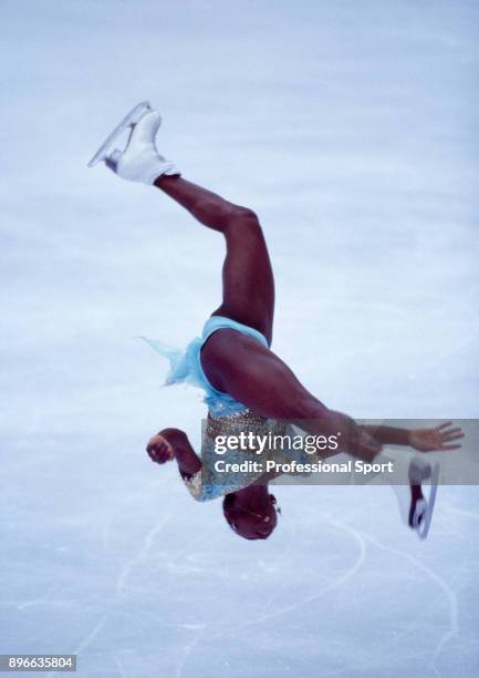 Surya Bonaly of France in action during the Women's Individual event of the Figure Skating tournament in the Winter Olympic Games at Iizuna Kogen Ski...