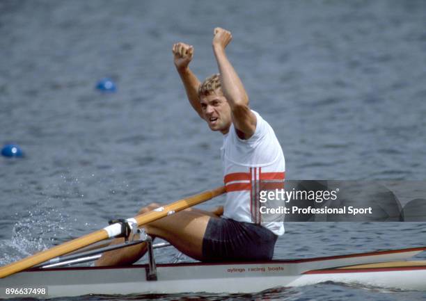 Steve Redgrave of England celebrates after winning gold in the Men's Single Sculls event in the Rowing tournament at the Commonwealth Games in...