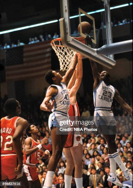 Michael Jordan of the North Carolina Tar Heels shoots against the Clemson Tigers circa 1983 in Chapel Hill, North Carolina. NOTE TO USER: User...