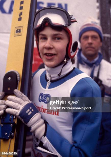 Matti Nykanen of Finland during the Men's Ski Jumping event at the FIS Alpine World Ski Championships in Oslo, Norway, circa January 1982.