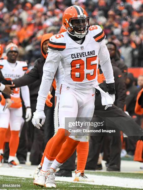 Tight end David Njoku of the Cleveland Browns celebrates a rushing touchdown by running back Duke Johnson Jr. #29 in the second quarter of a game on...