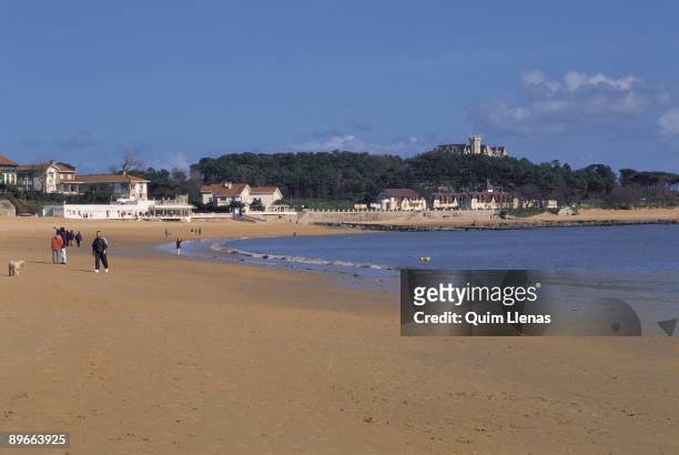 Beach of La Magdalena. Santander. Cantabria Panoramic view of the famous beach, with the Palace of the Magdalena to the bottom