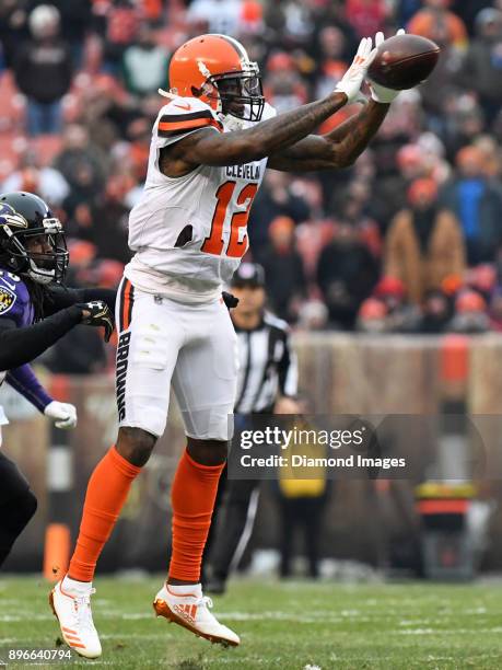 Wide receiver Josh Gordon of the Cleveland Browns catches a pass in the second quarter of a game on December 17, 2017 against the Baltimore Ravens at...