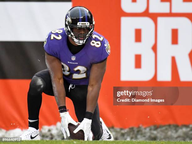 Tight end Benjamin Watson of the Baltimore Ravens celebrates after catching a touchdown pass in the second quarter of a game on December 17, 2017...