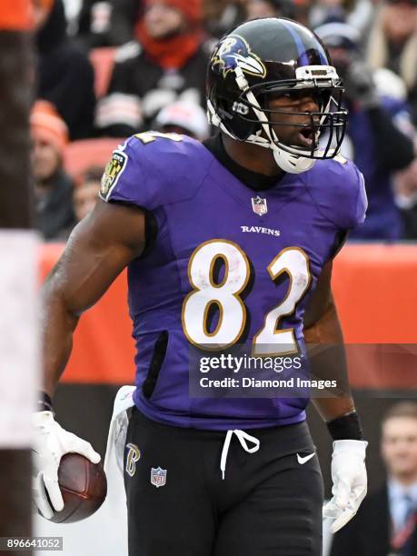 Tight end Benjamin Watson of the Baltimore Ravens celebrates after catching a touchdown pass in the second quarter of a game on December 17, 2017...