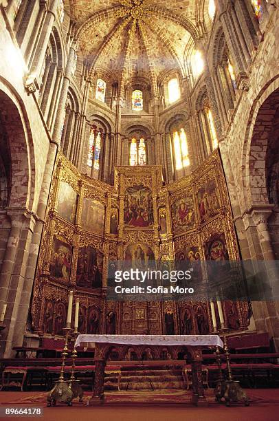 cathedral of avila. avila interior of the central hall, of gothic style and of the beautiful altarpiece of the main chapel, work of berruguete - cristianismo stock-fotos und bilder