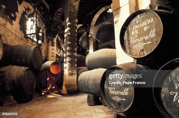 Pedro Domecq wine cellar Barrels of sherry in the cellars of Pedro Domecq Company .