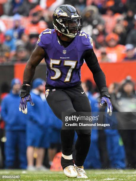 Linebacker C.J. Mosley of the Baltimore Ravens drops into pass coverage in the second quarter of a game on December 17, 2017 against the Cleveland...