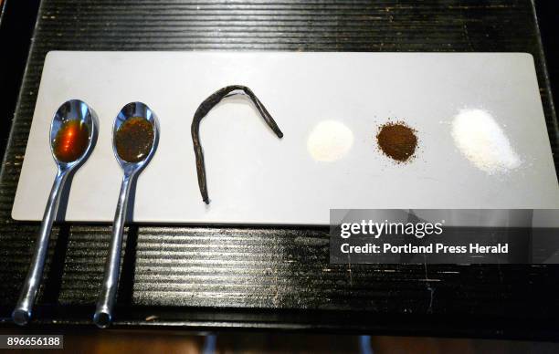 Sustainably sourced vanilla comes in many forms. Left to right in this photo are pure vanilla extract vanilla ;paste made with simple syrup; a whole...